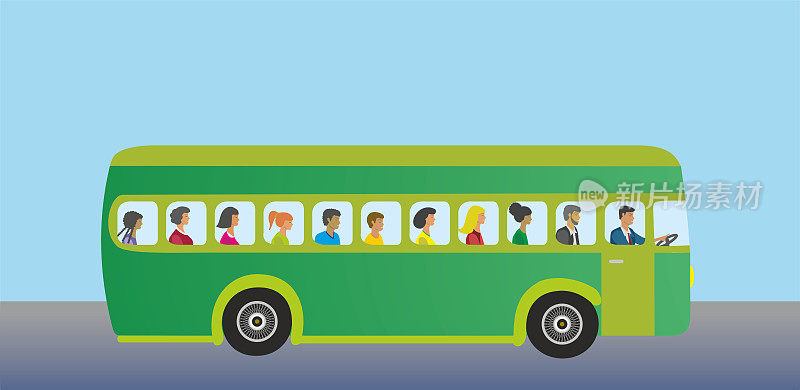 Red city tour bus with mixed people. Vector illustration.